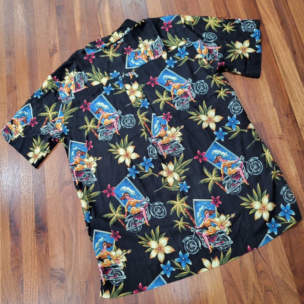 Marc Edwards Hawaiian Button Front Casual Motorcycle Pinup Girl Shirt Large